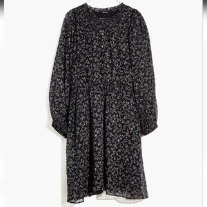 Madewell Black & White Ruffle-Neck Button-Front Dress in Dotted Vines Size S